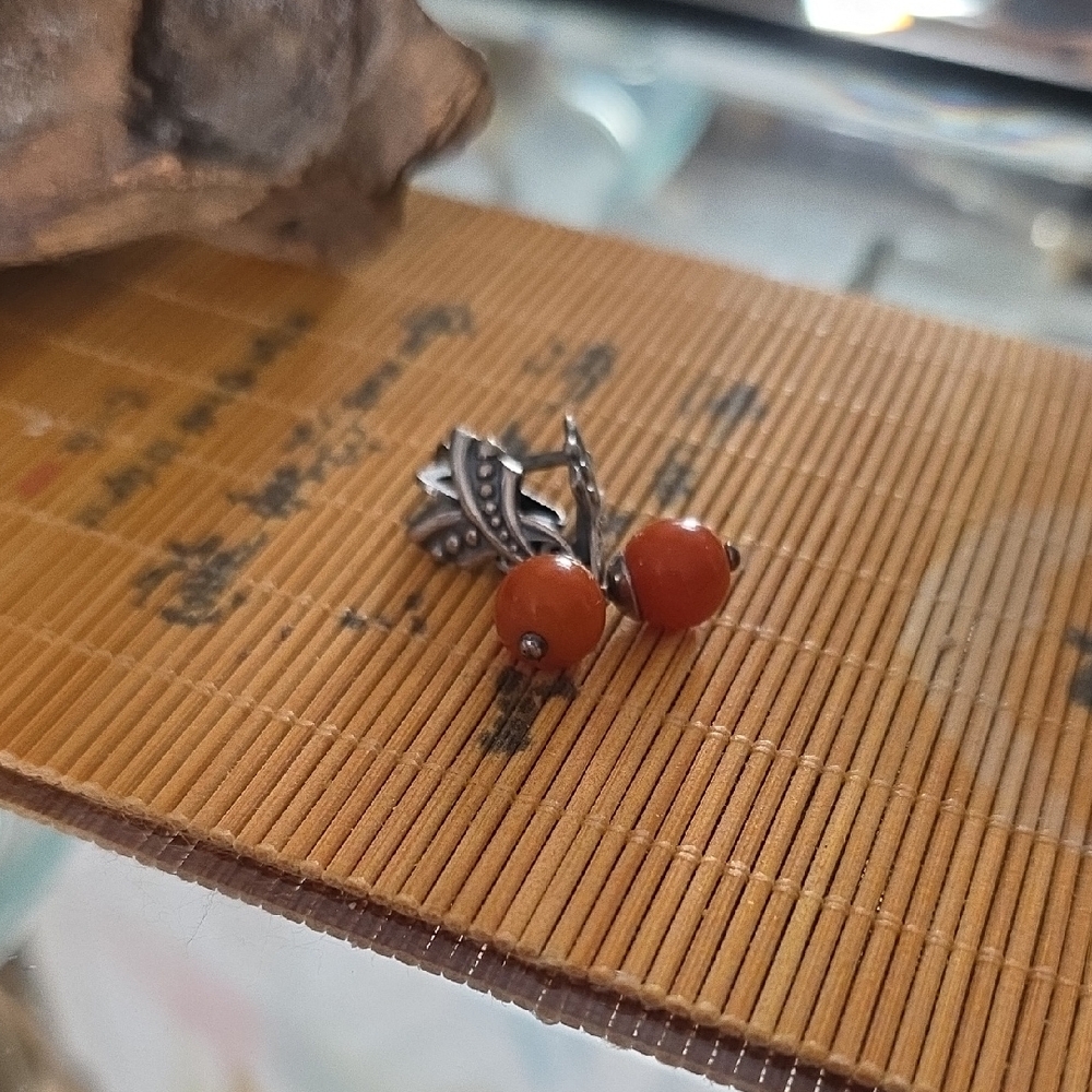 Sterling Silver Orange Corals Bead Drop Earrings
